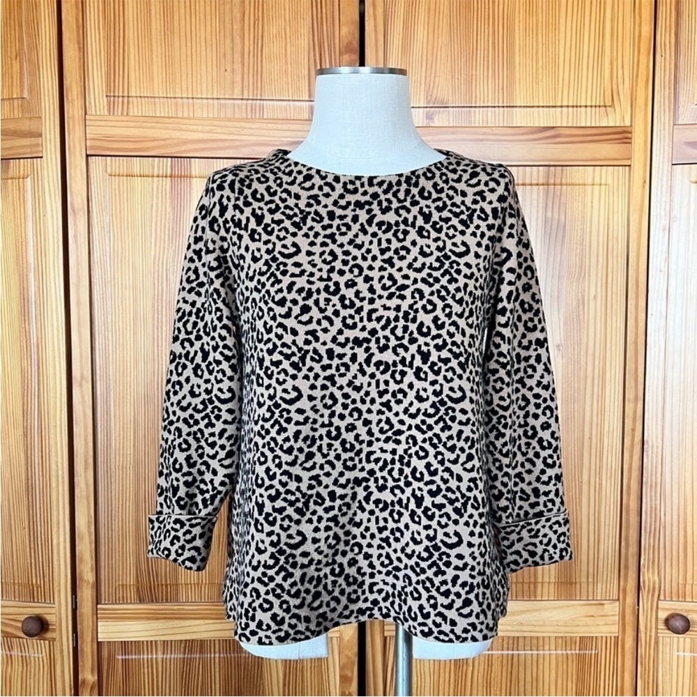 Cynthia Rowley Large Leopard Print Knit Sweater Cuffed Sleeves Casual - Picture 2 of 9